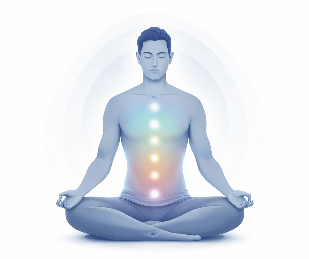 Persona rilassata e centrata dopo una sessione di riequilibrio energetico
